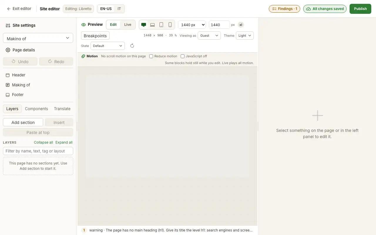 The editor building the opening of this page: a blank page, the wordmark sized by the type tokens, the header, the headline, the Dock recipe, the preview playing it